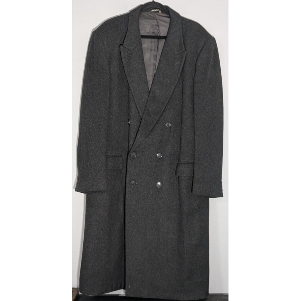 Vintage ISSIMO Premium Double-Breasted Pure Wool Charcoal Gray Overcoat 46L XL